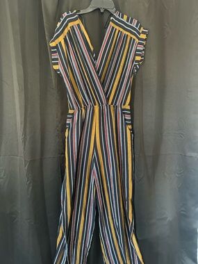Monteau Striped Jumpsuit in Navy, Mustard & Red